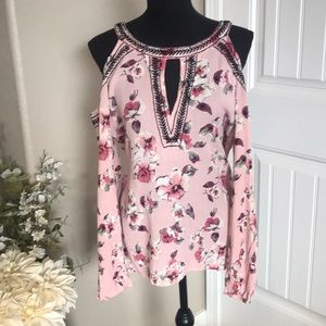 BKE Boutique Floral Cold Shoulder Top